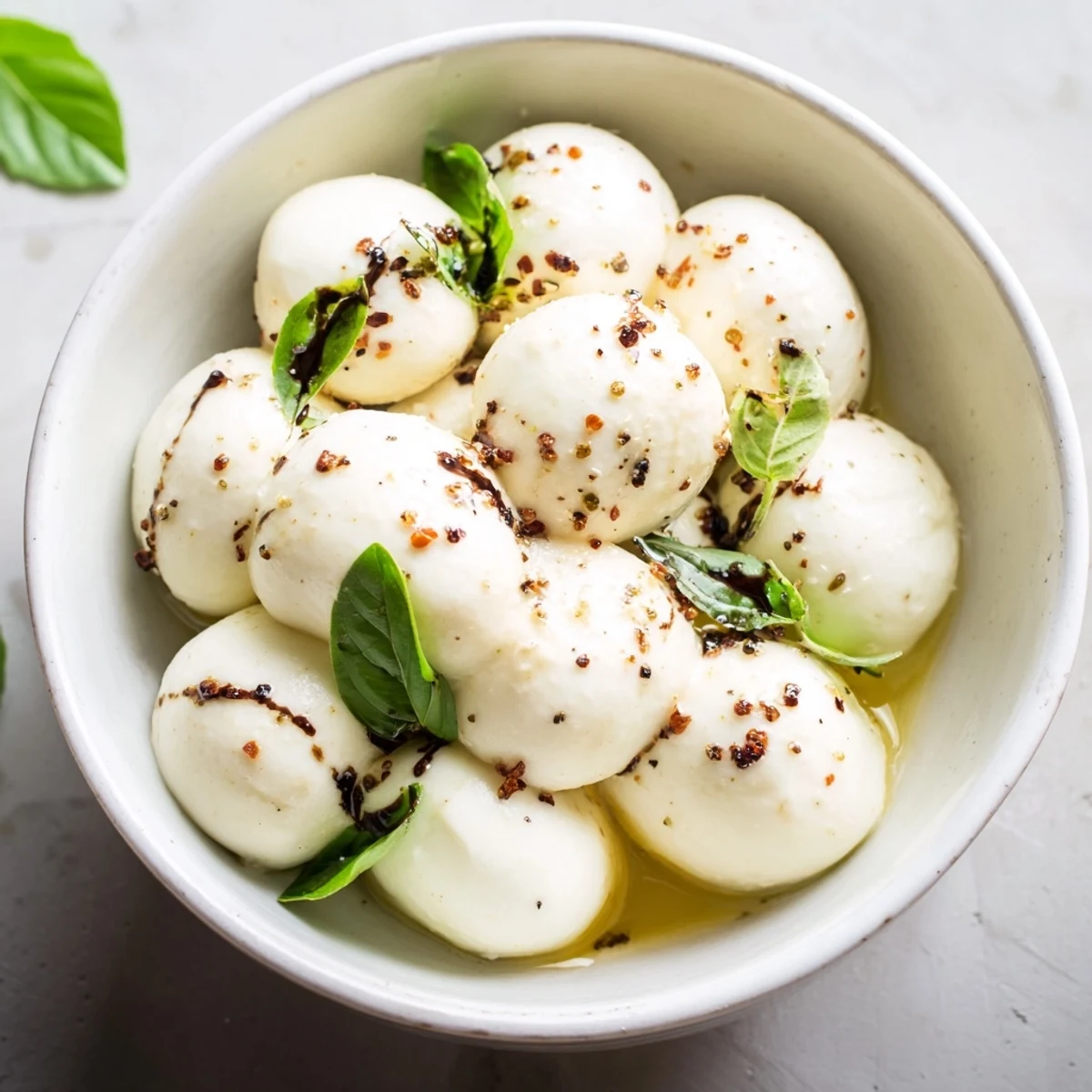 Mozzarella pearls glistening in a bowl, perfect for a vegetarian appetizer with fresh basil.