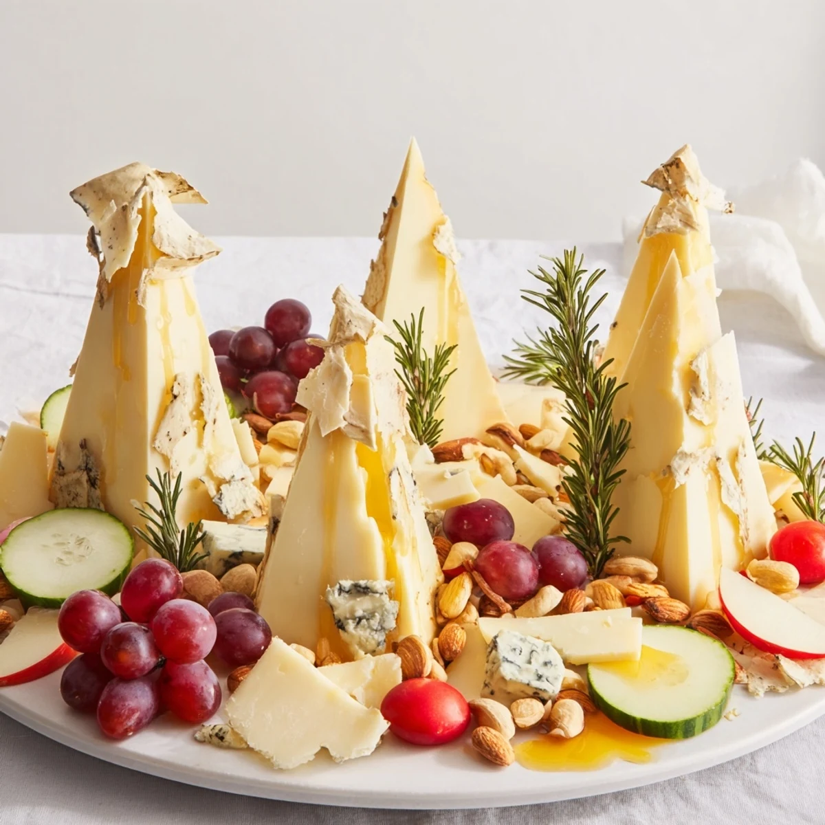 A visually striking Sculptural Cheese Landscape with mountain-like hard cheeses and colorful fruit.