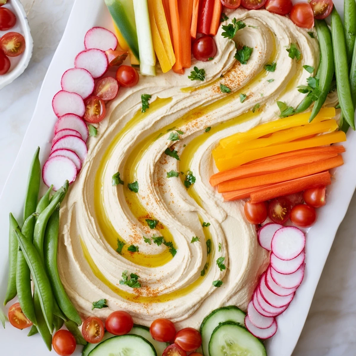 "Bild zeigt The River Delta Flow, ein farbenfroher mediterraner Appetizer mit frischem Gemüse."