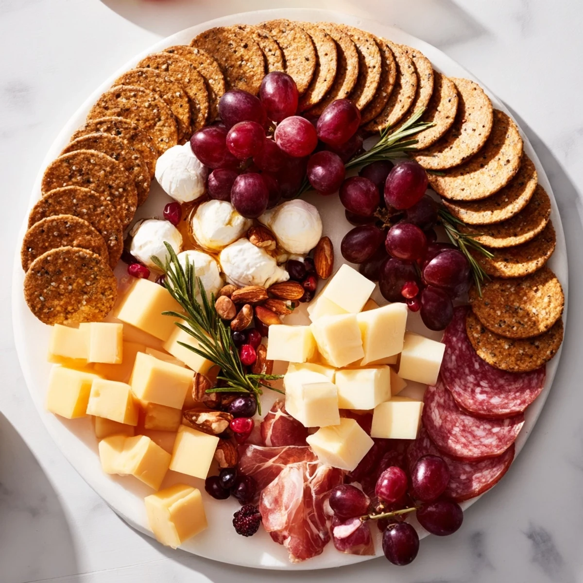 The Ouroboros Circle appetizer: a beautiful, continuous ring of cheese, crackers, and grapes ready to serve.