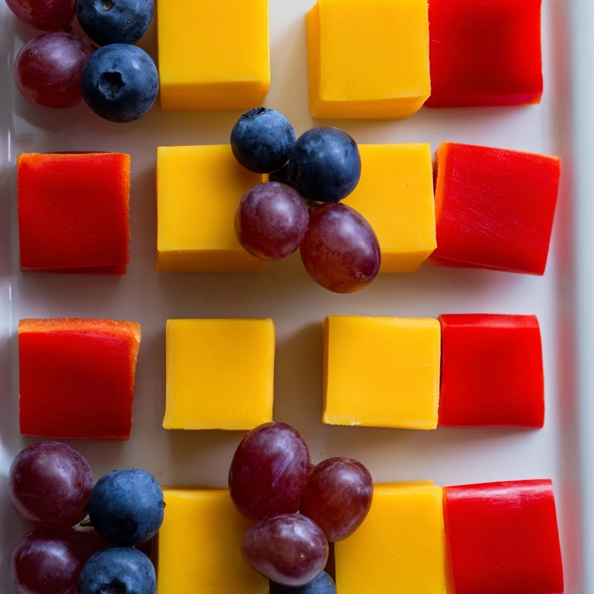 Vivid image of the Bauhaus Block appetizer with pepper, cheese, and grapes, perfect for serving.