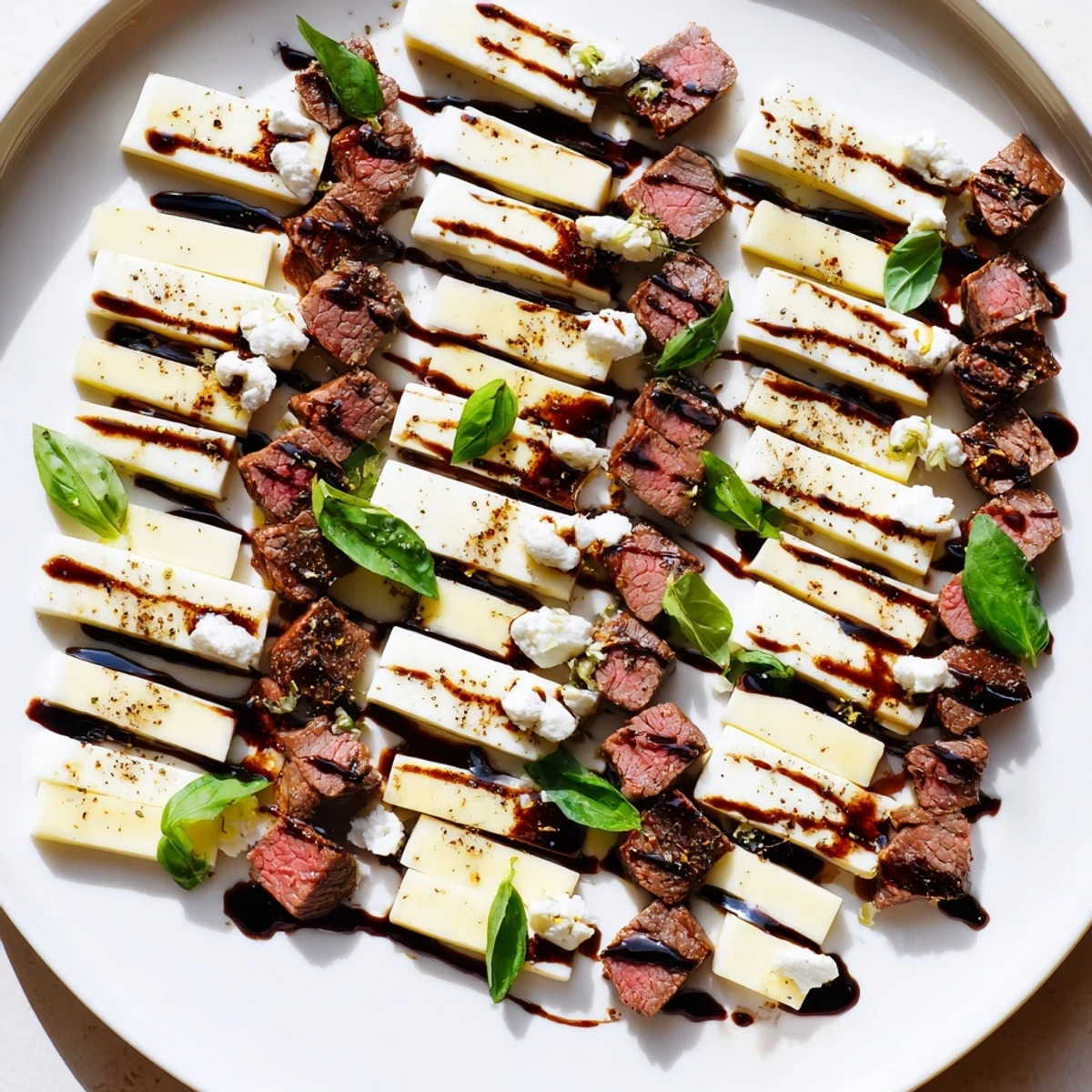 Safari Stripes appetizer: alternating rows of tender meats and mozzarella, drizzled with balsamic glaze, ready to serve.