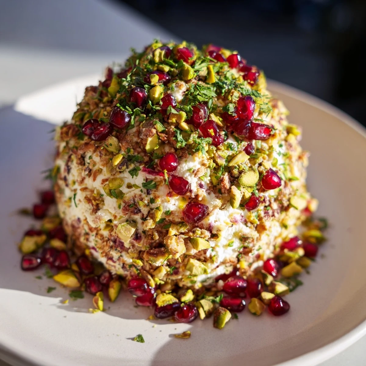 A glistening The Royal Orb cheese ball with pomegranate and pistachios, ideal for holiday appetizers.