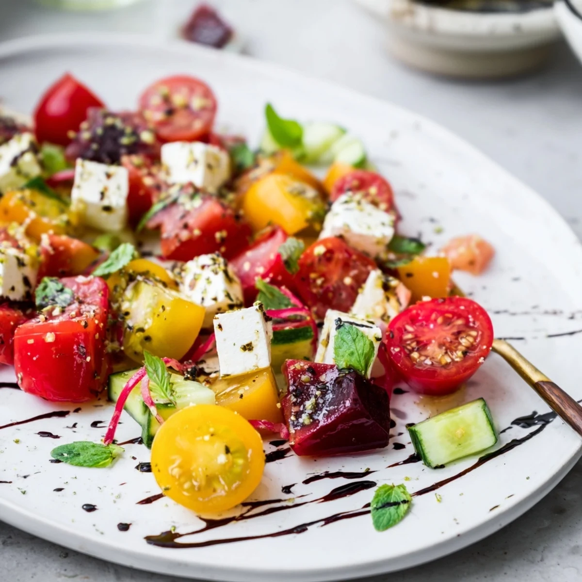 Abstract Expressionist Splash salad; vibrant, colorful salad with watermelon and beets.