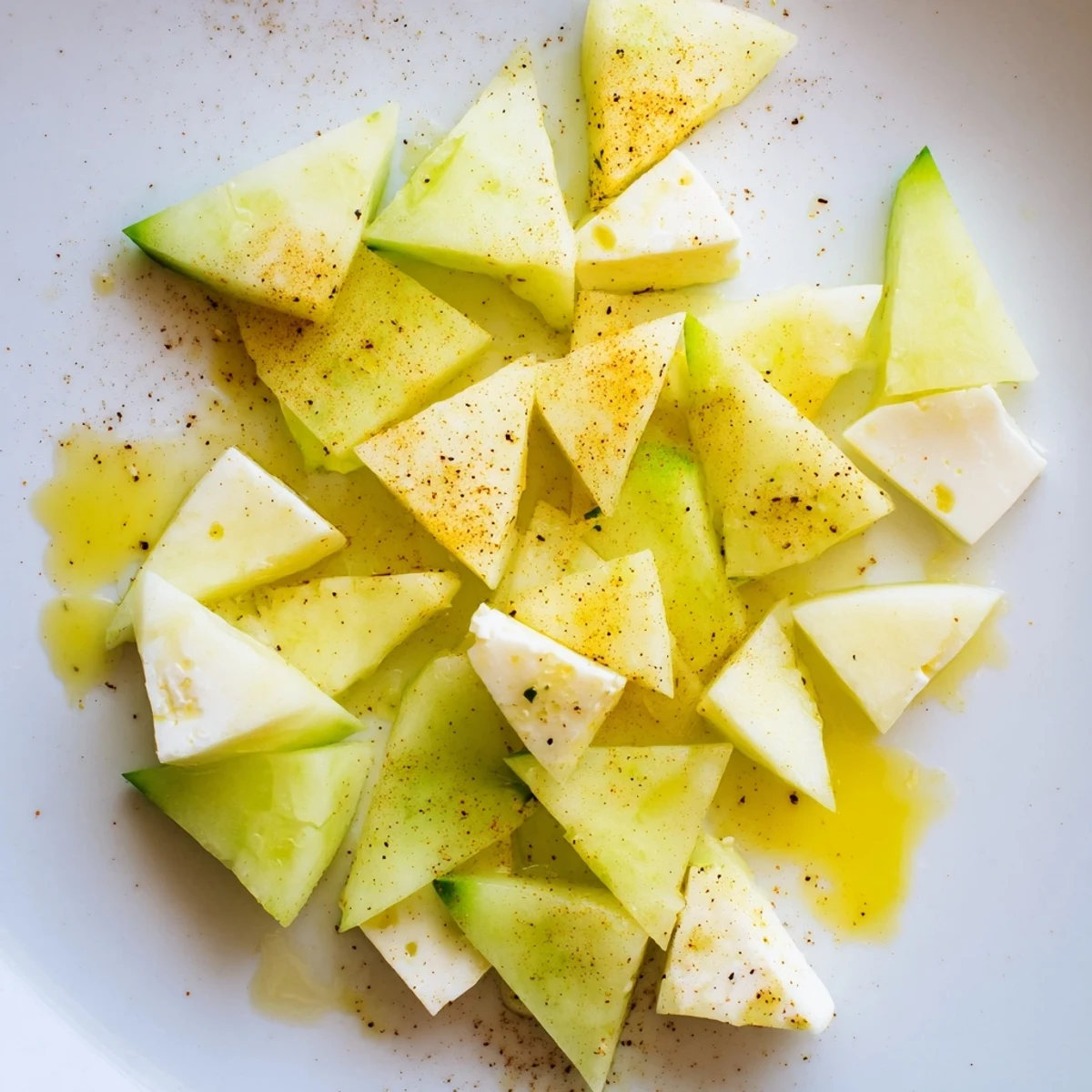 Vibrant The Cubist Deconstruction appetizer, composed of artistic vegetable shapes and feta cheese, drizzled with olive oil.