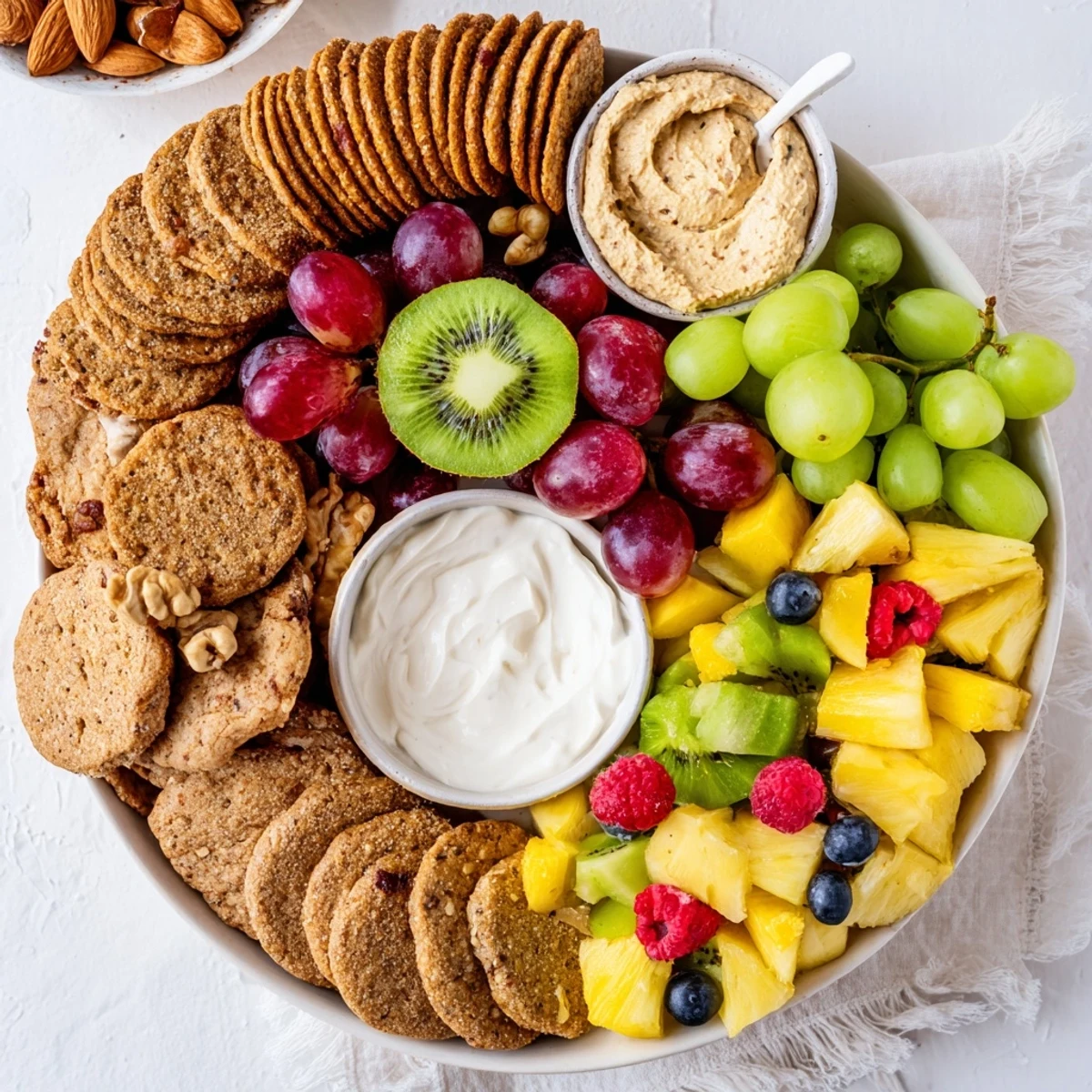 A vibrant Hidden Oasis appetizer platter with fresh fruit, nuts, and creamy dips.