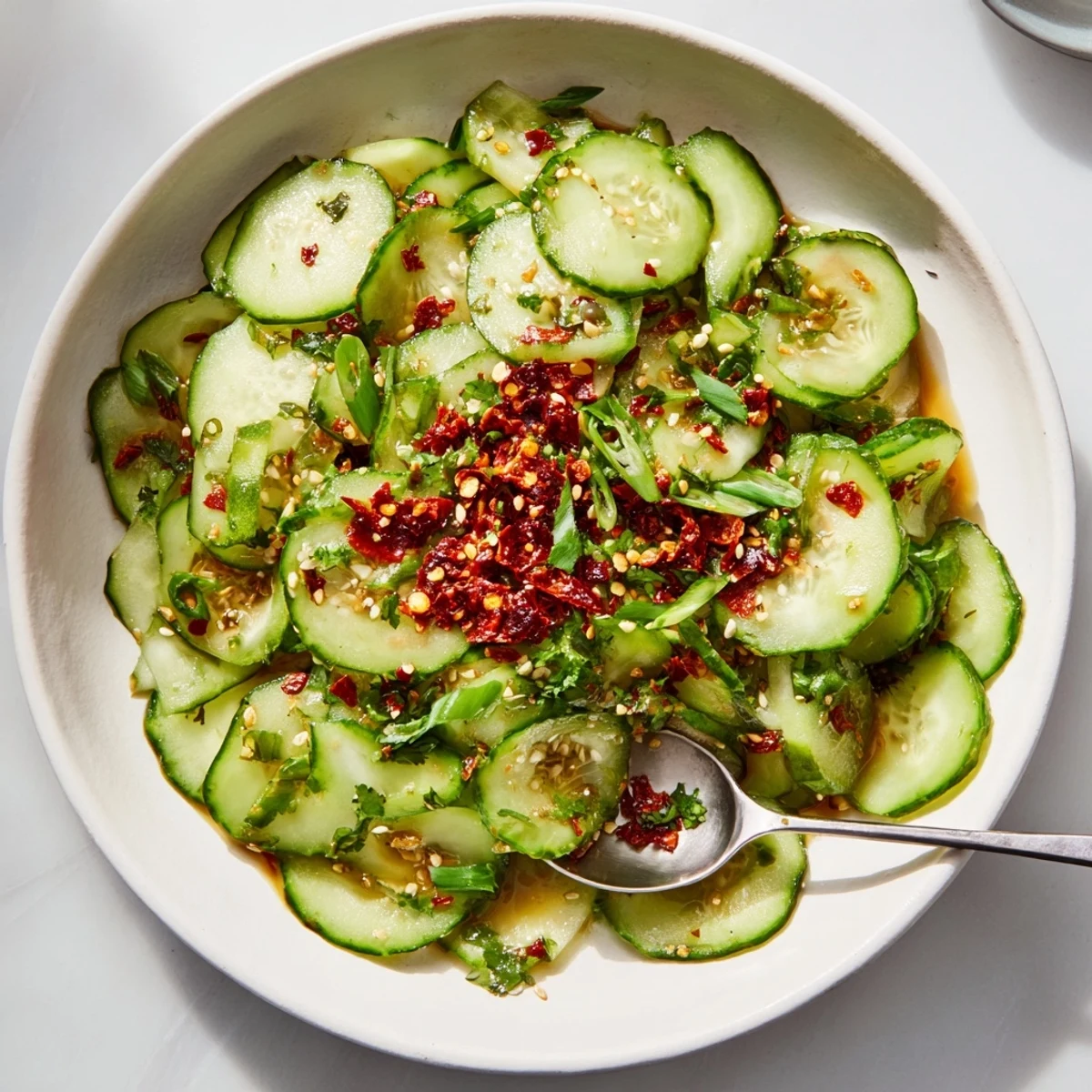 Bright, crunchy Cucumber Shaker Salad with chili crisp offers a refreshing, flavorful side dish.