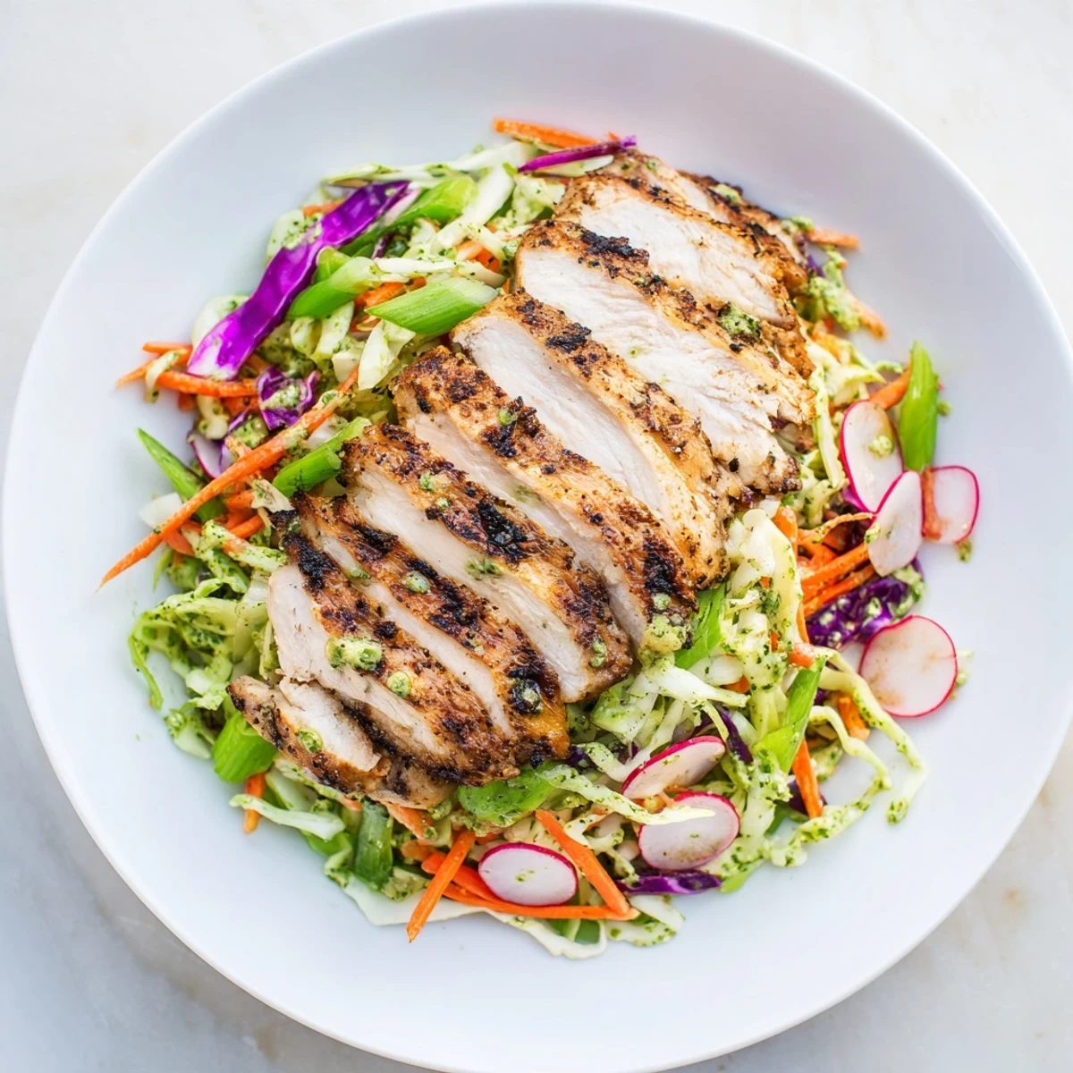 Close-up of vibrant Green Goddess cabbage slaw; the perfect summer meal with grilled chicken.