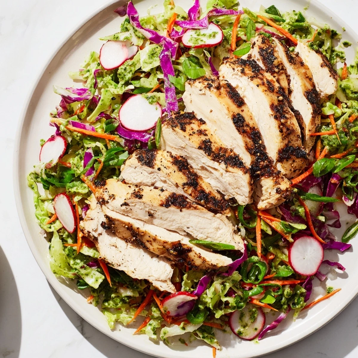 Savory slices of grilled chicken top the creamy Green Goddess cabbage slaw, ready to eat.