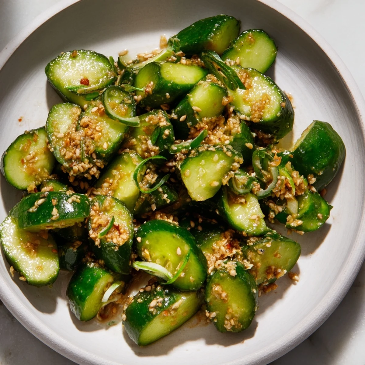 Crisp cucumber shaker salad glistening with rice vinegar and sesame oil for a refreshing side.