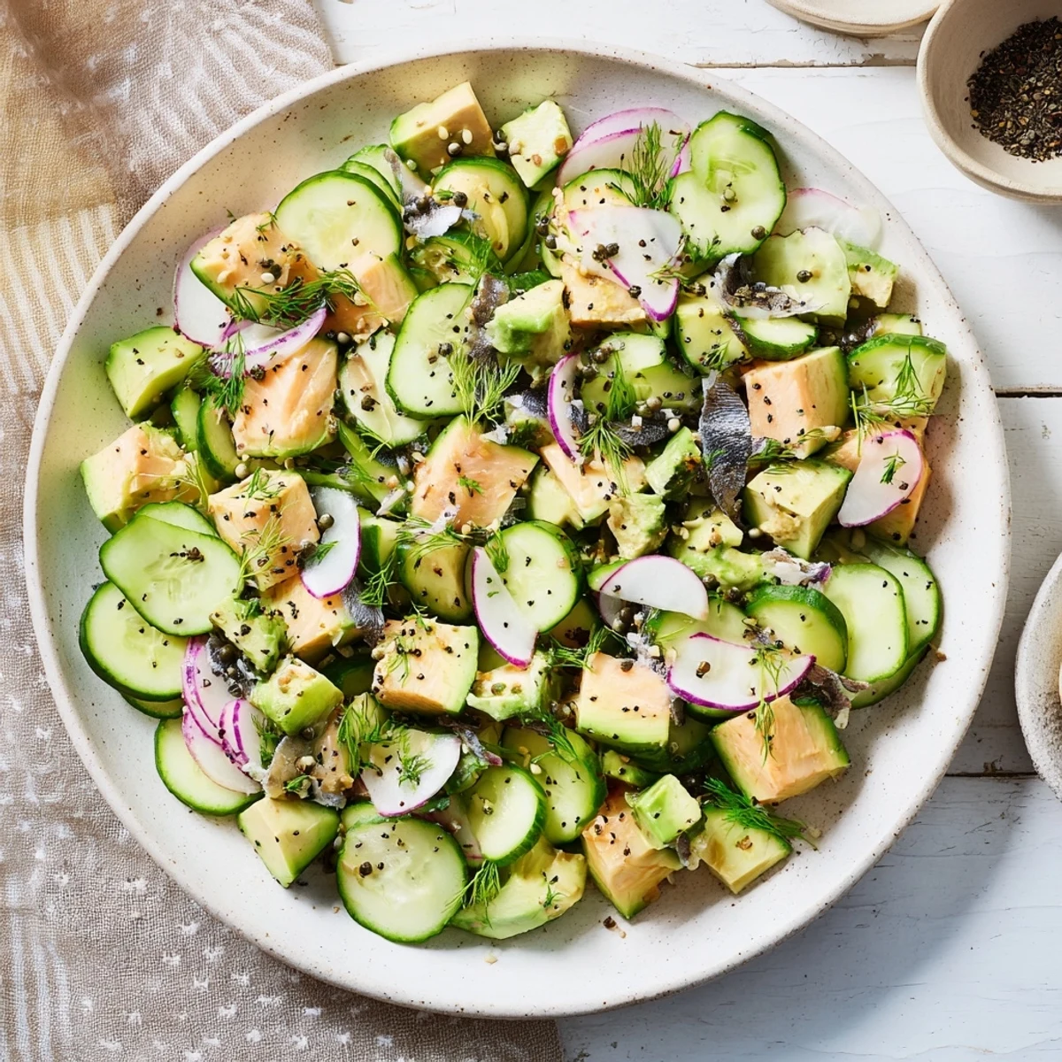 A light and flavorful Cucumber and Tinned Fish Salad, layered with fresh herbs and creamy avocado.