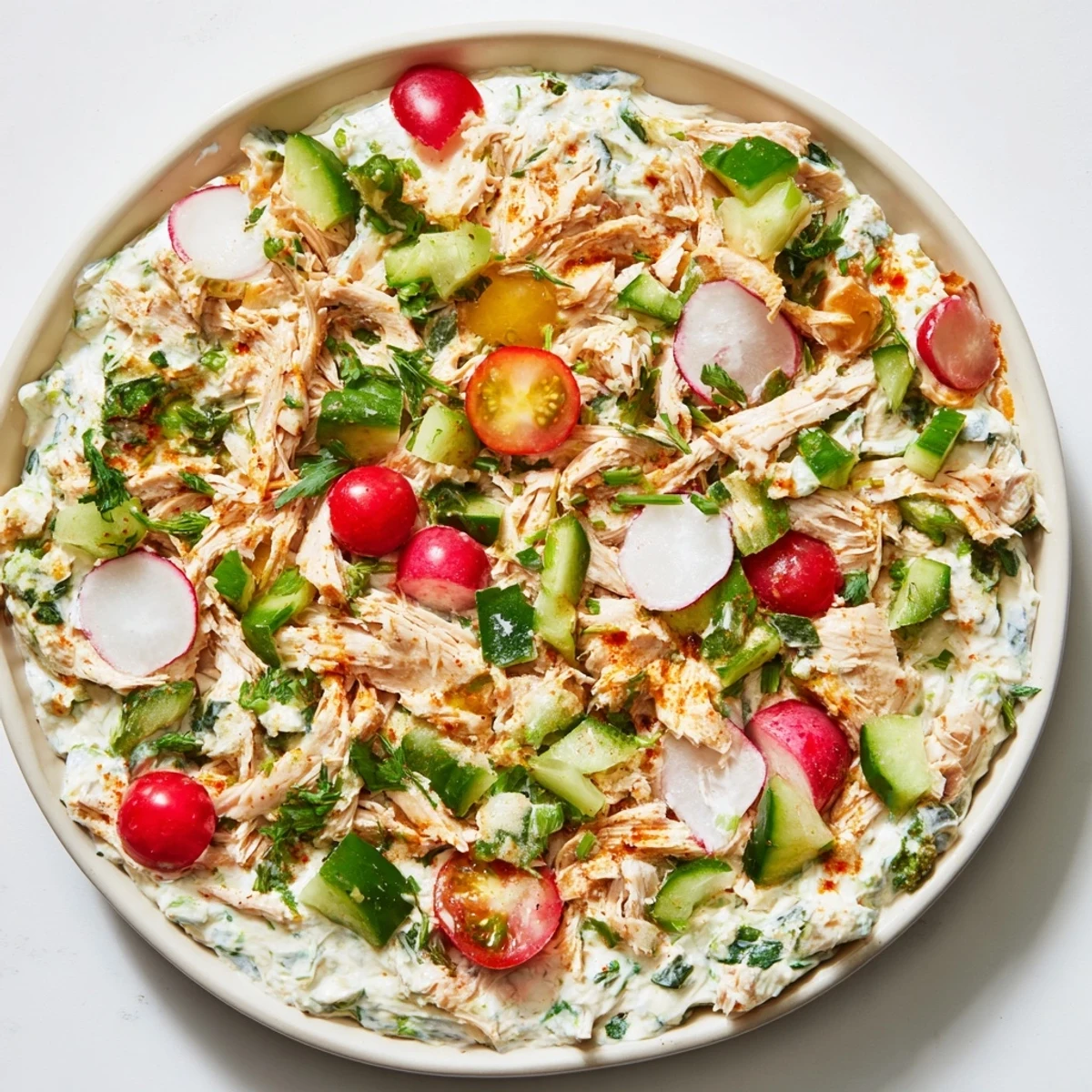 Creamy Green Goddess Chicken Nacho Dip with warm chicken and vibrant fresh herbs, ready to serve.