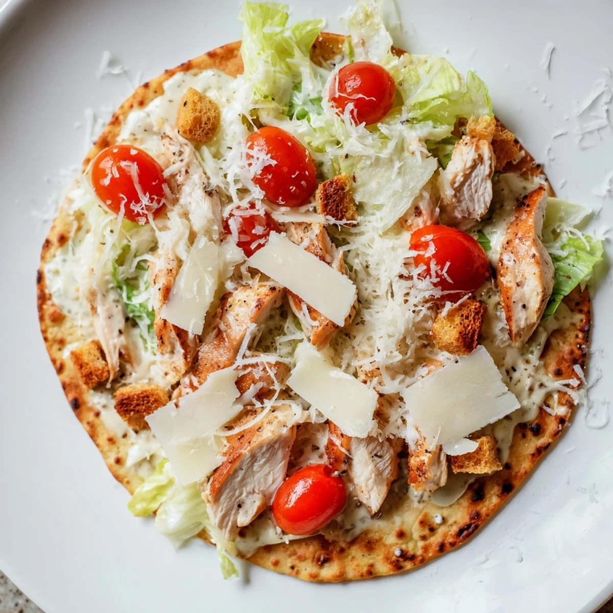Golden-brown Chicken Caesar Flatbread with melted cheese and fresh, vibrant toppings, ready to eat!
