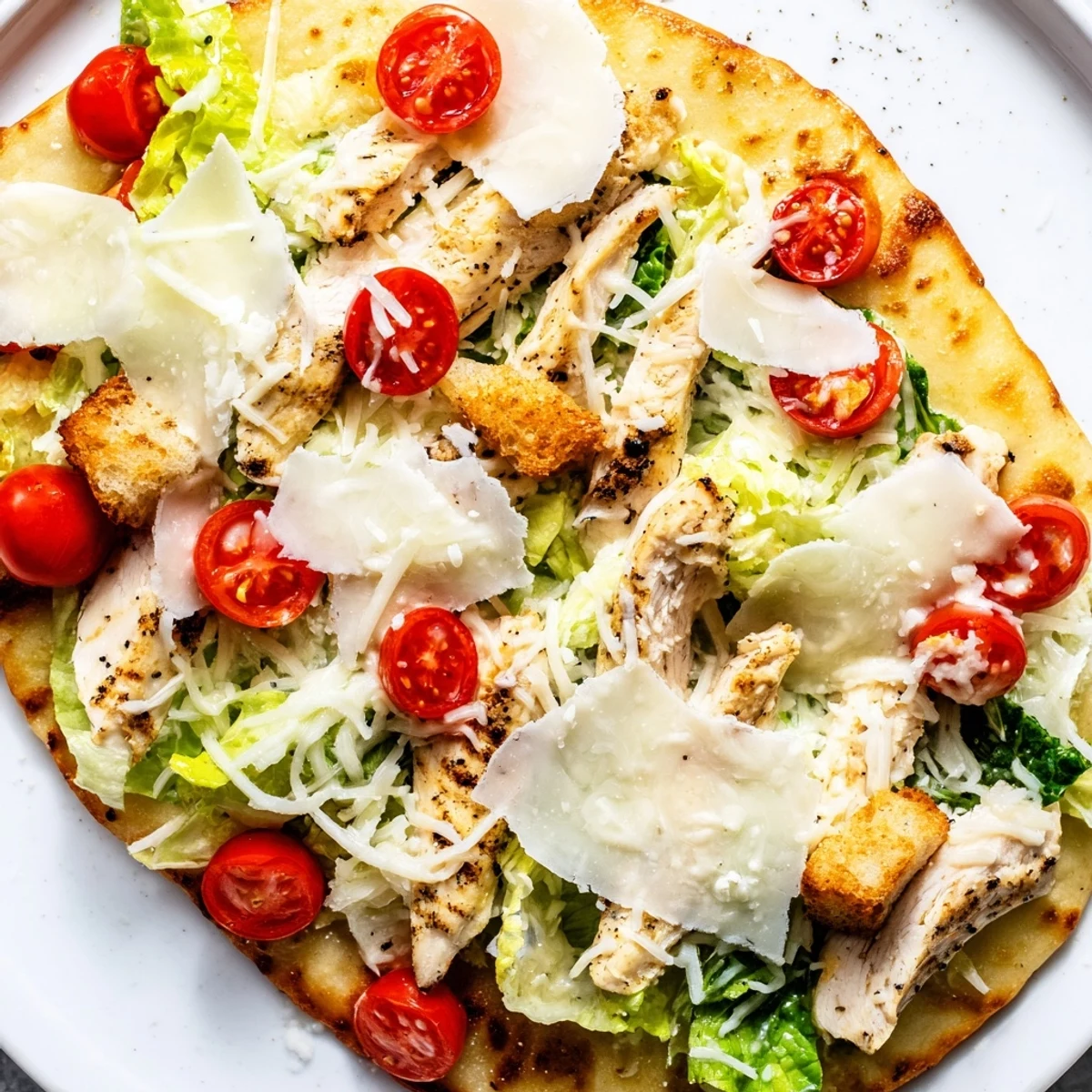 Delicious, fully loaded Chicken Caesar Flatbread, perfect for a quick and satisfying dinner tonight.