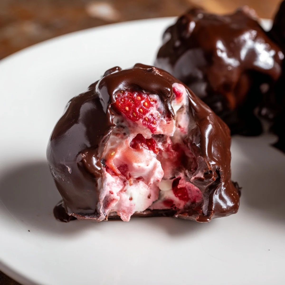 Strawberry Yogurt Clusters dipped in rich, dark chocolate, a refreshing frozen dessert treat.