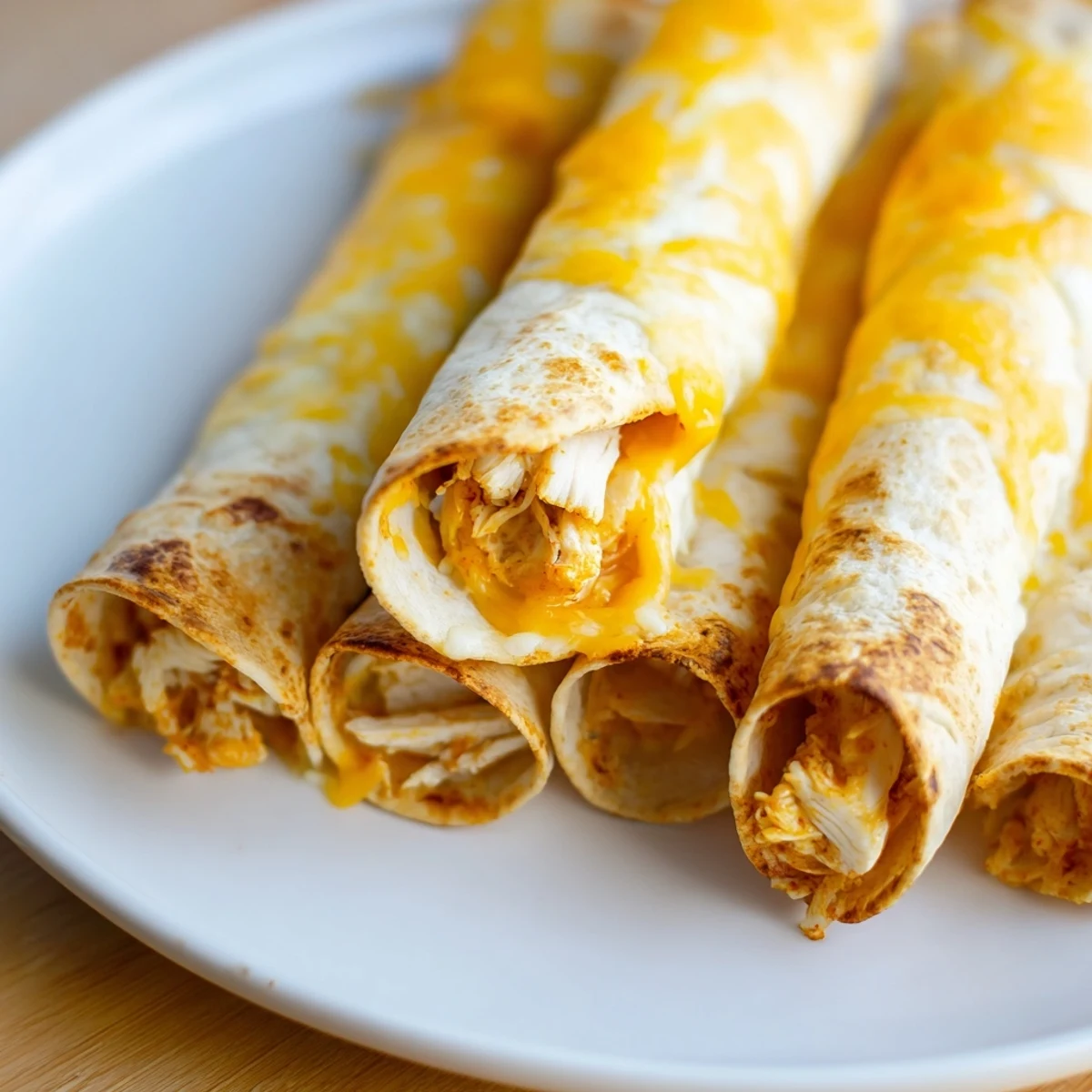 Golden and crispy air fryer taquitos, filled with savory chicken and cheese, ready to eat.