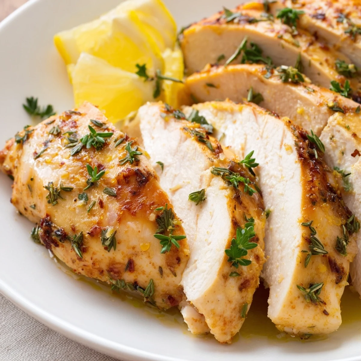 Golden baked Greek Lemon Herb Chicken breasts ready to serve with lemon wedges, fresh herbs.