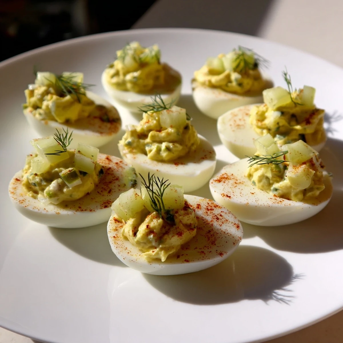 A close-up shot of tangy Dill Pickle Deviled Eggs, showing the creamy filling's texture.