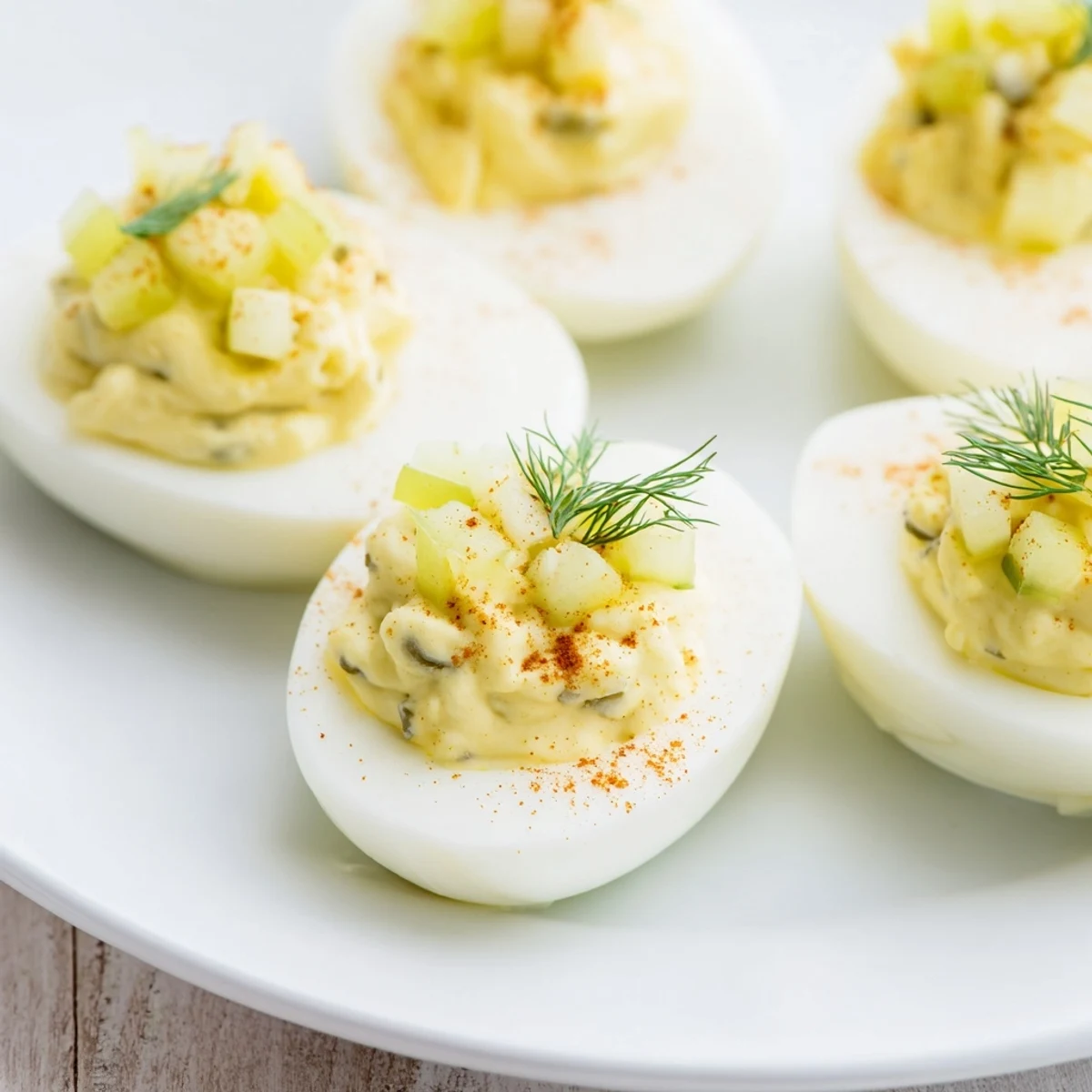 Platter of colorful Dill Pickle Deviled Eggs, perfect for a party appetizer, ready to eat.