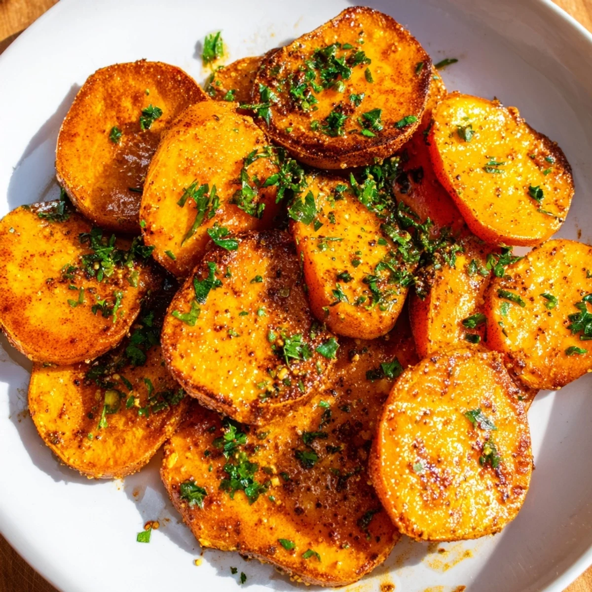 Oven-baked Cajun roasted sweet potatoes, seasoned with smoky paprika, perfect for a vegan meal.