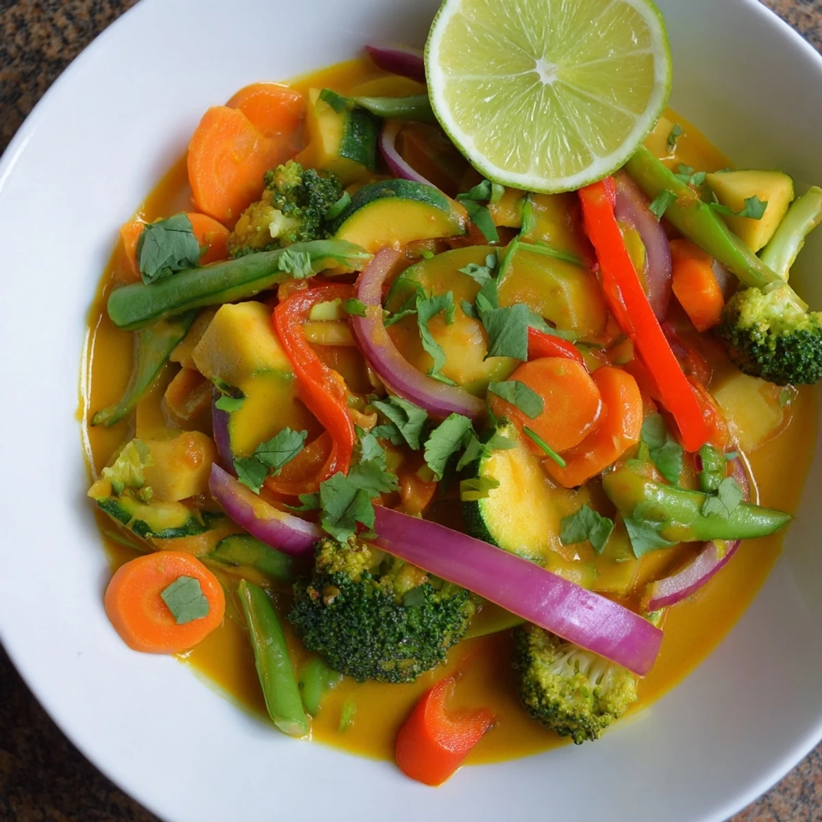 A steaming bowl of colorful Coconut Curry Vegetables, a vegan Indian-inspired delight.