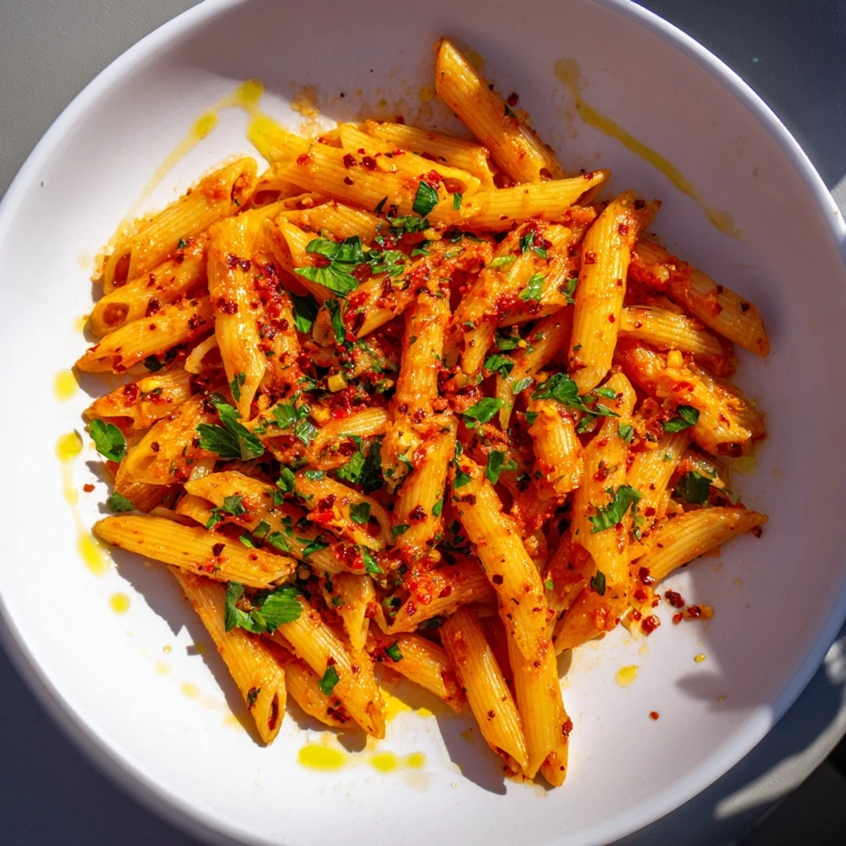 Bright red Penne all'Arrabbiata pasta, steaming hot, with fresh parsley and a drizzle of olive oil.