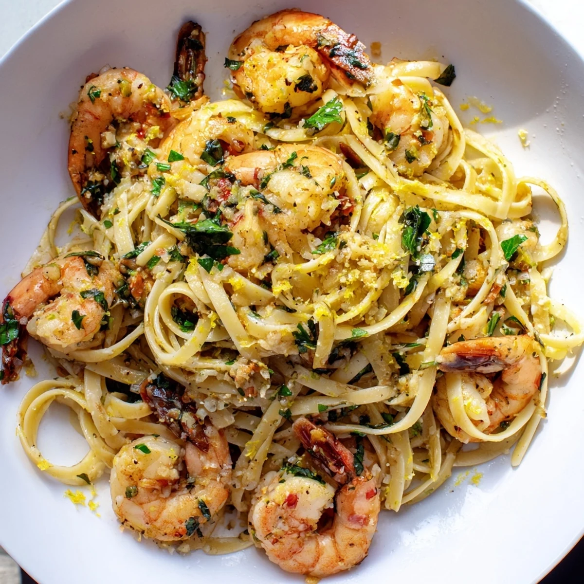 Die fertige Lemon Herb Pasta mit Shrimp-Gericht: ein Blick auf das leckere italienische Abendessen.
