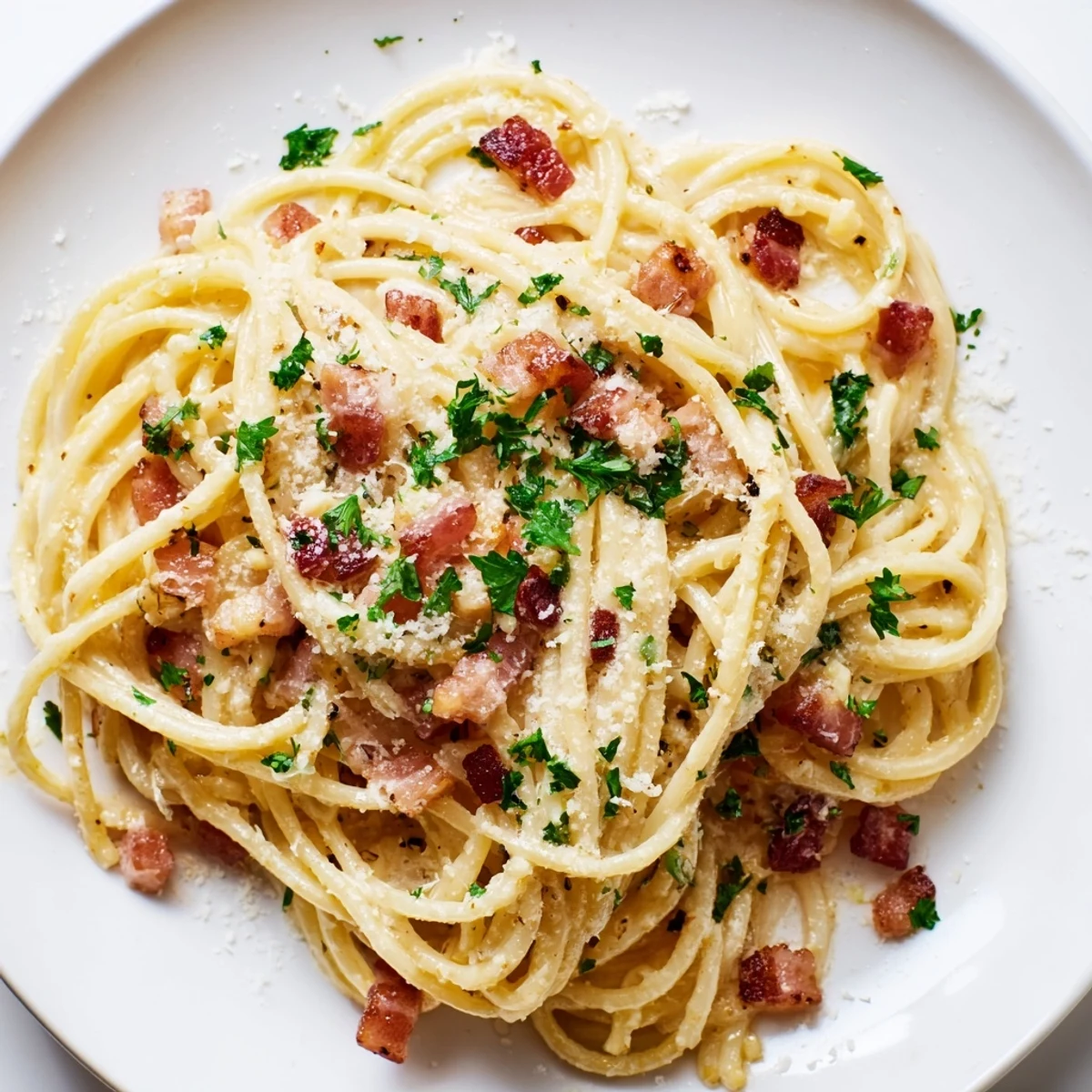 Creamy garlic bacon pasta, a close-up of the finished dish with crispy bacon and fresh parsley.