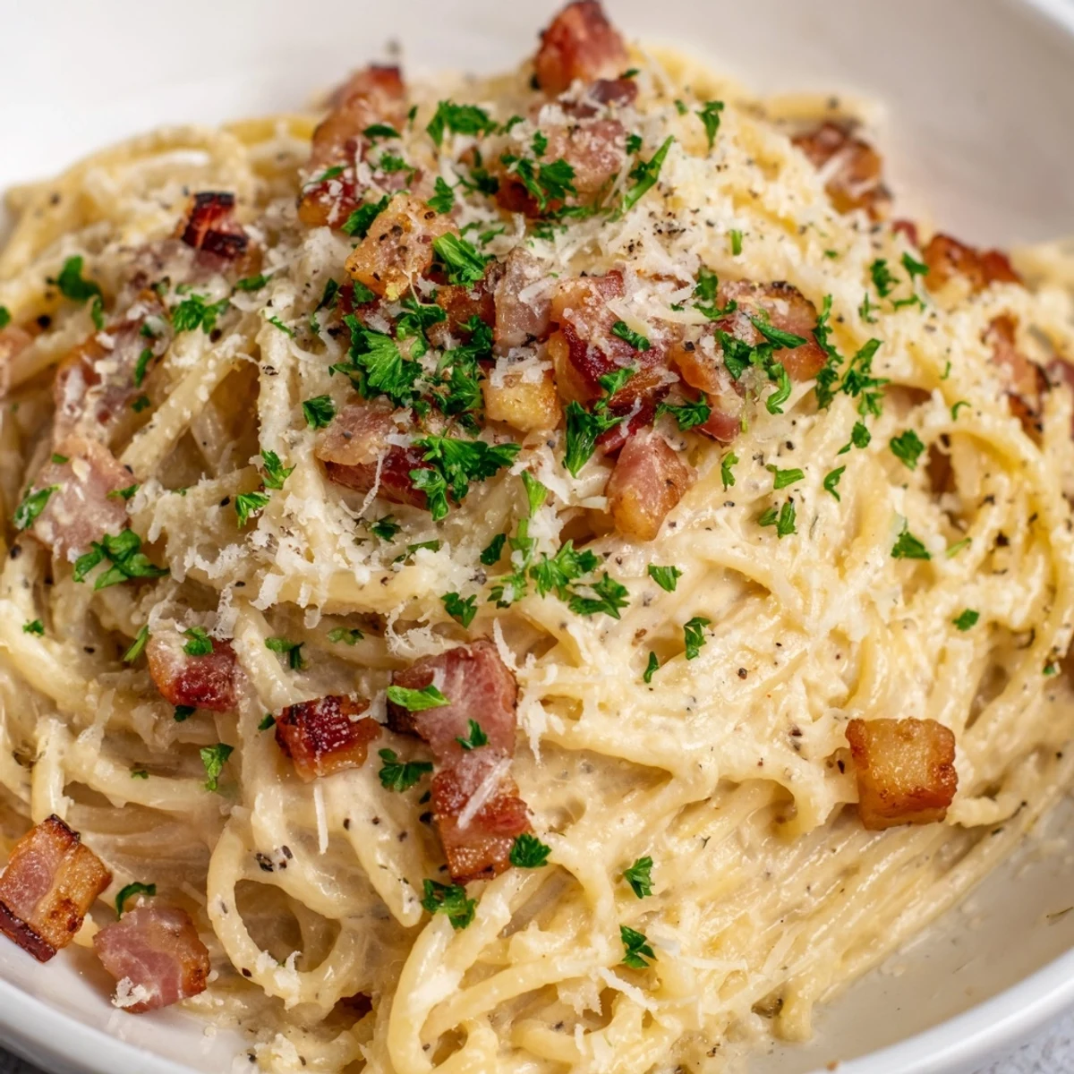 Savory creamy garlic bacon pasta, ready to be enjoyed, garnished with grated Parmesan cheese.