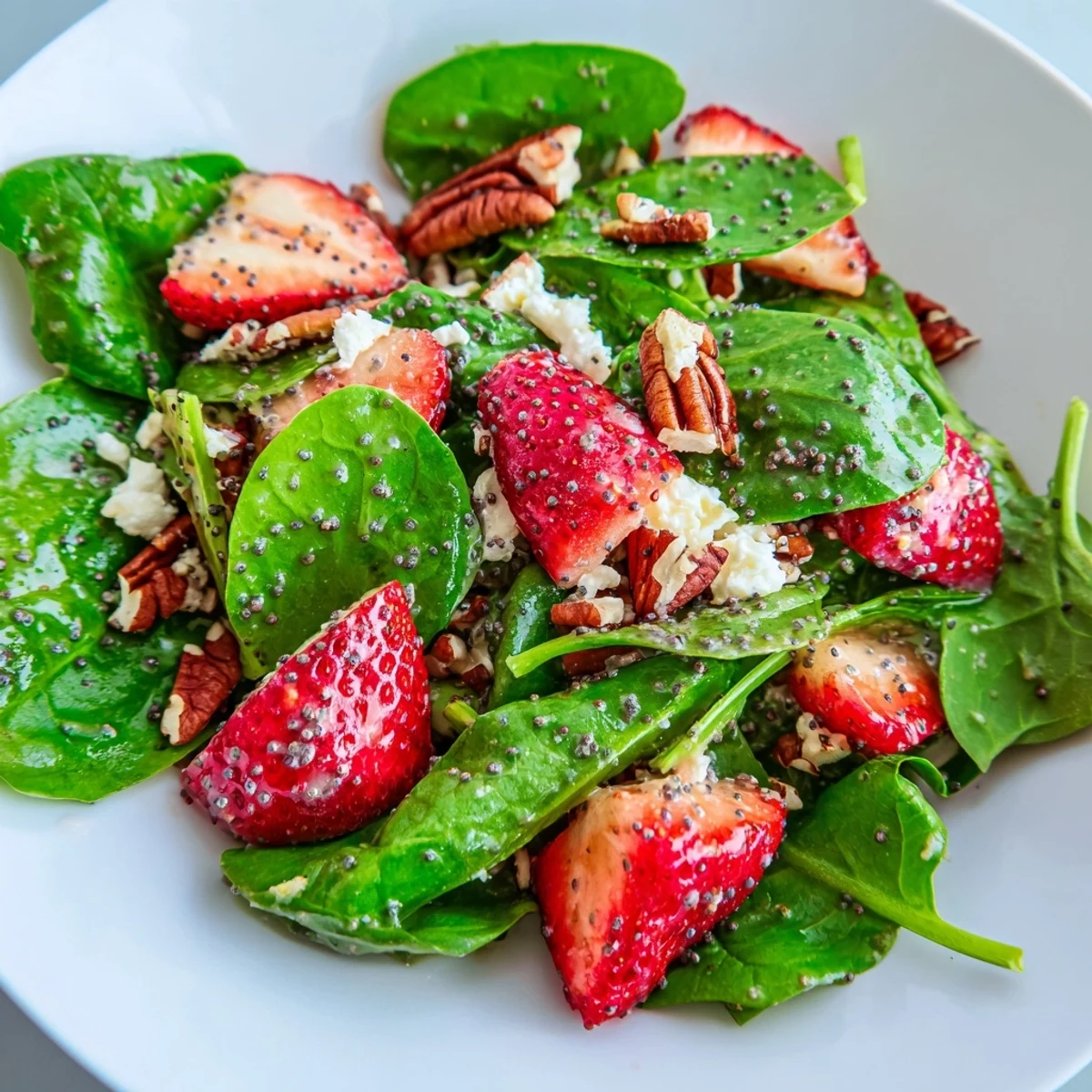 Fresh Spinach Strawberry Salad with vibrant red strawberries and crunchy pecans, ready to serve.