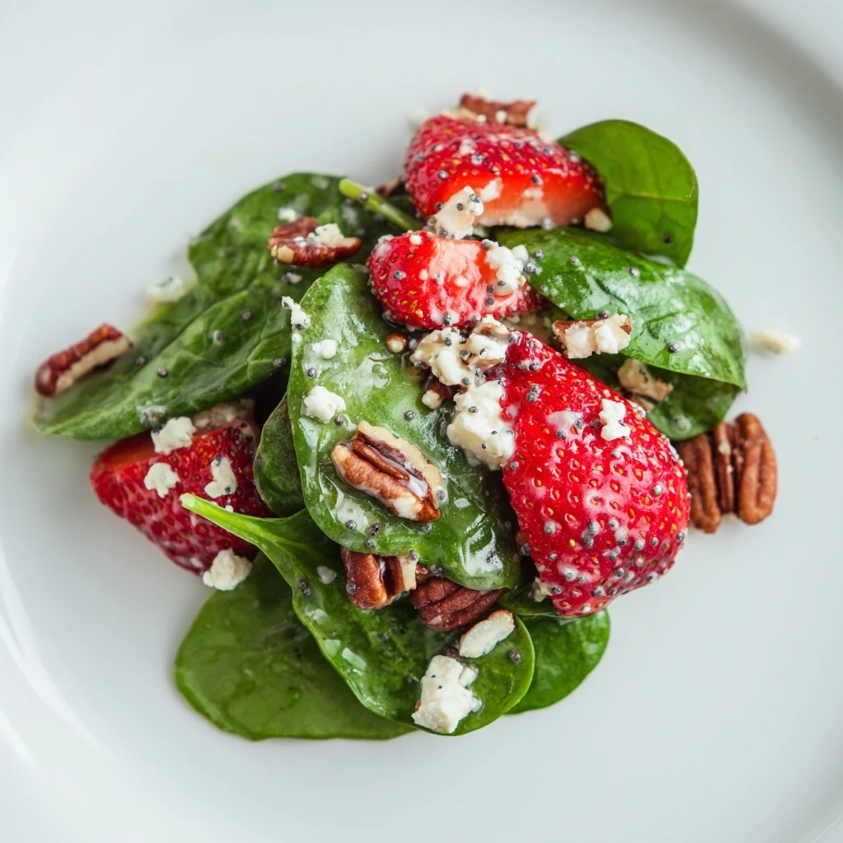 A close-up of a refreshing Spinach Strawberry Salad, tossed with sweet poppy seed dressing.