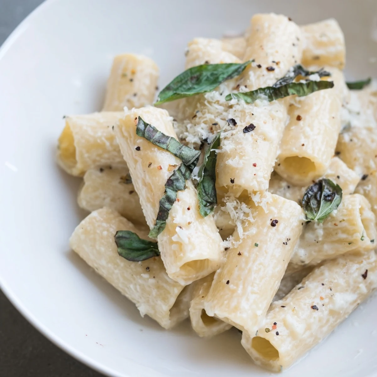 A bowl of Creamy Cottage Cheese Pasta, garnished with fresh basil and Parmesan, looks delicious.