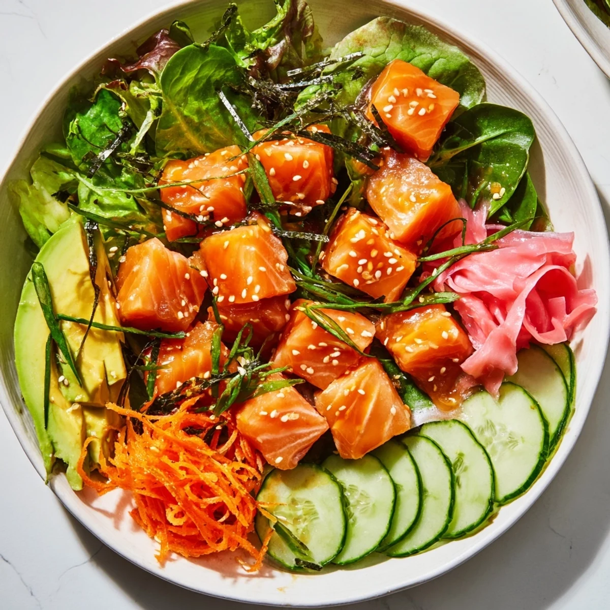 A vibrant Poke Bowl Salad featuring fresh, marinated tuna and colorful, crisp salad ingredients.