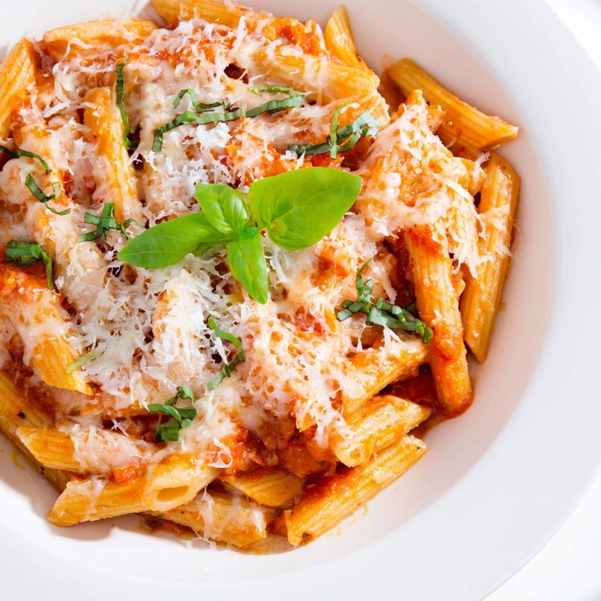 Golden, cheesy Baked Penne Arrabbiata, served with fresh basil, smells so delicious.