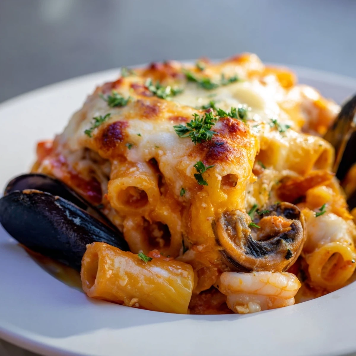 Golden and bubbly Seafood Pasta Bake, complete with melted cheese and fresh parsley garnish, ready to serve.