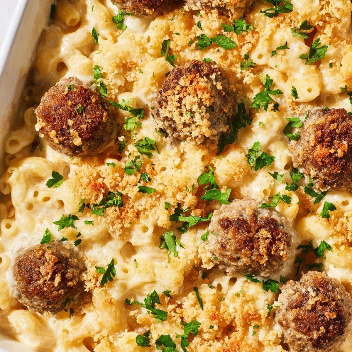 A bubbly Mac & Cheese Meatball Bake, golden topping over creamy cheese, ready to serve.