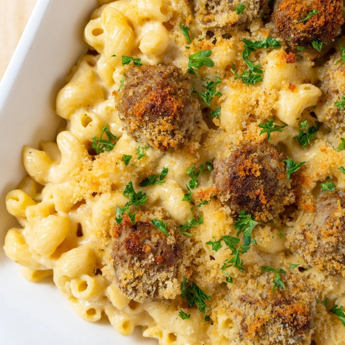 Family gathers around a casserole dish filled with savory Mac & Cheese Meatball Bake, baked to perfection.