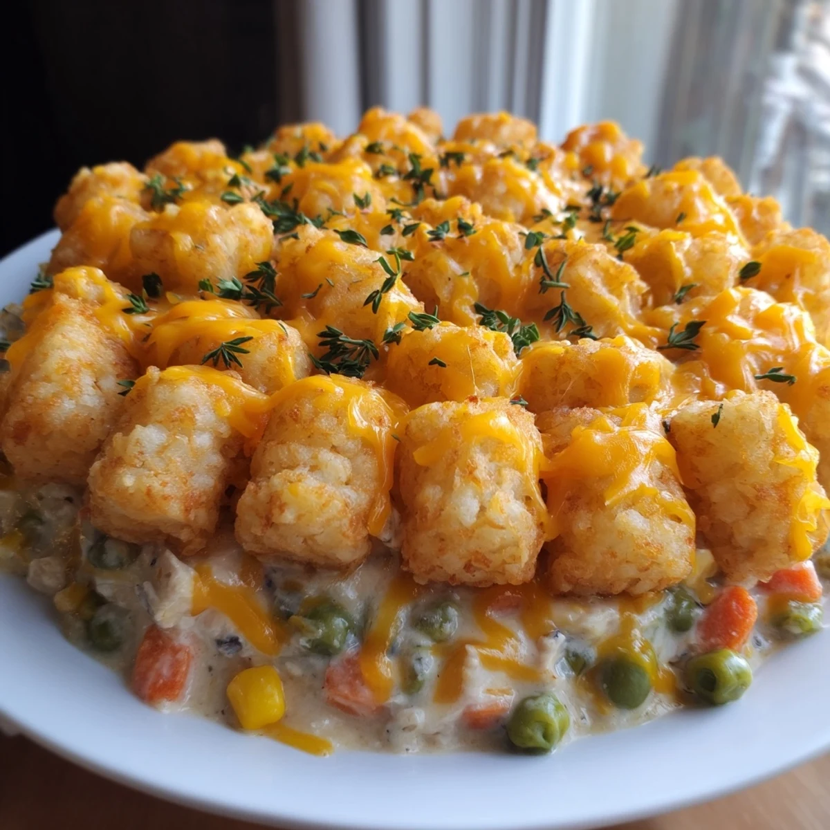 Crispy Tater Tot Casserole, topped with melted cheese, offers a comforting, savory aroma.