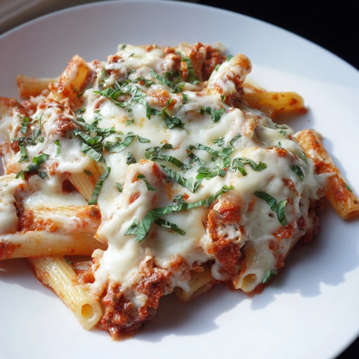 A baked Cheesy Ziti, brimming with melted mozzarella and rich marinara sauce, steaming hot.