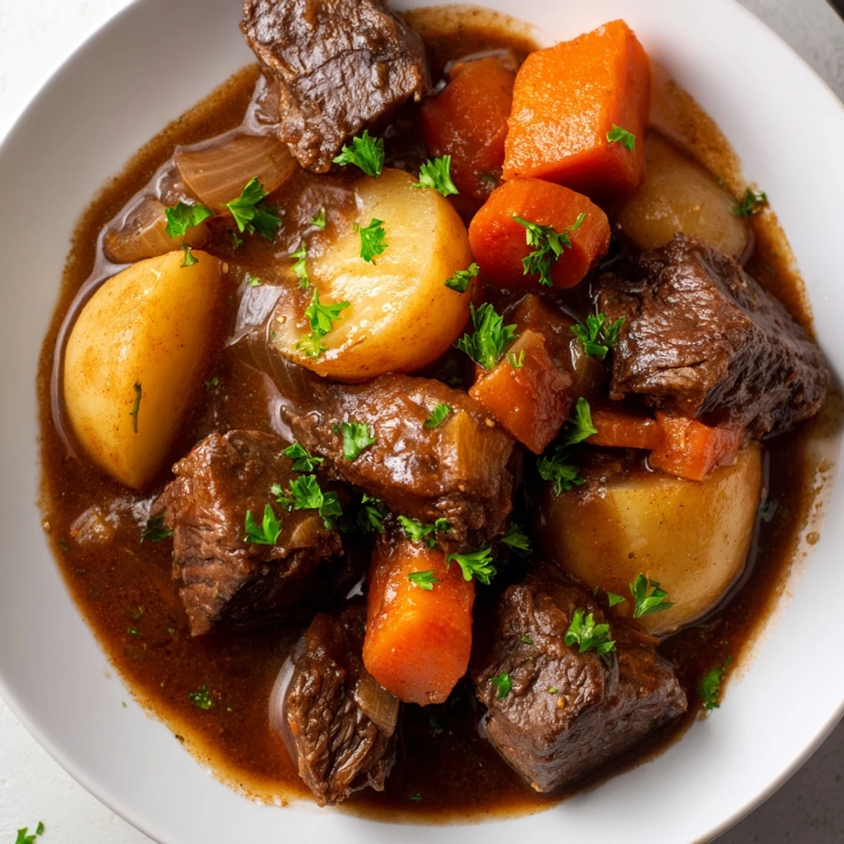 A steaming, close-up shot of the savory Irish Beef Stew, with chunks of beef and vegetables.