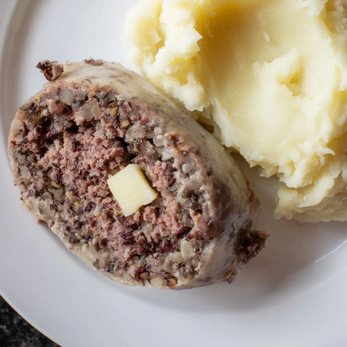 A slice of savory Scottish haggis, steaming and served with mashed neeps and tatties.