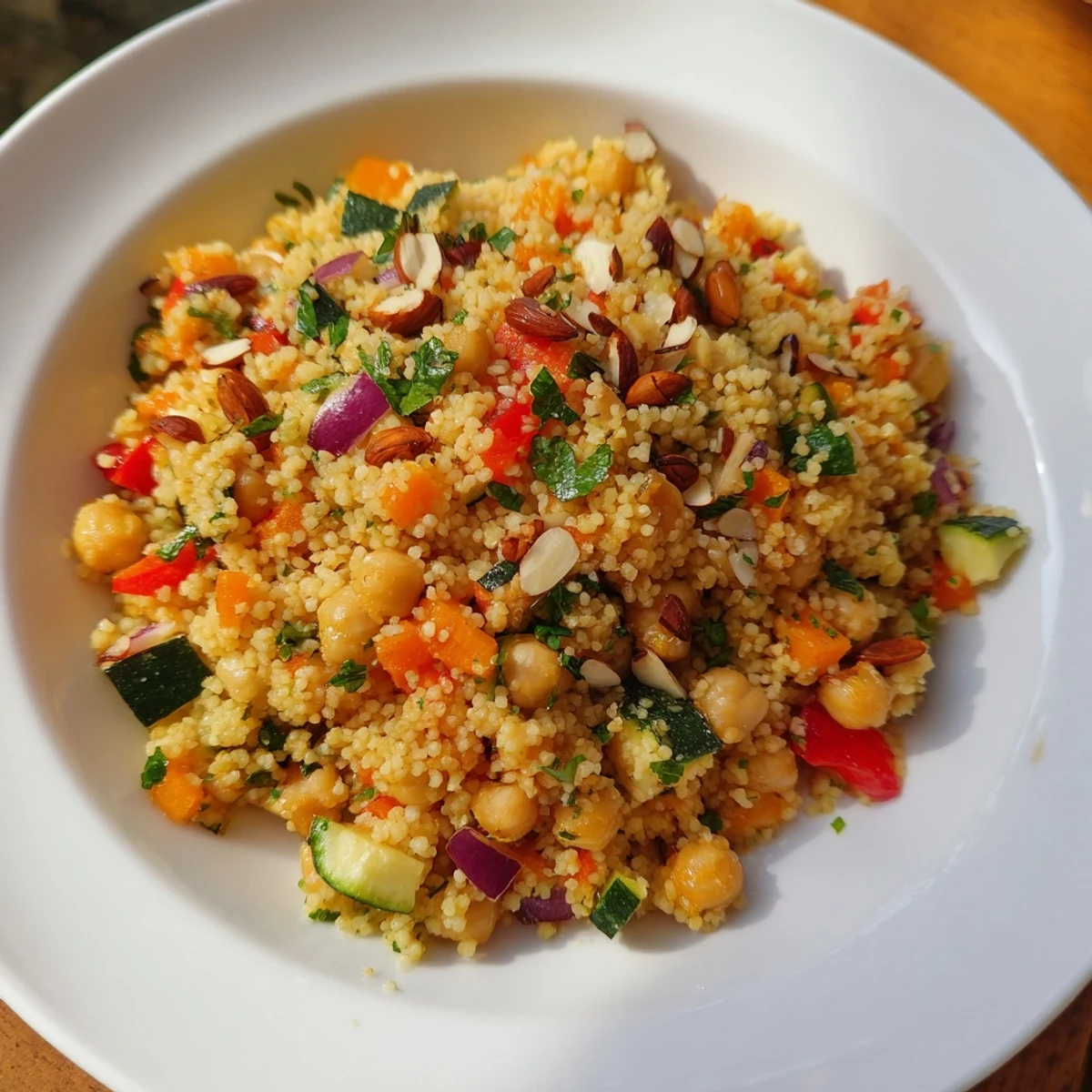A colorful Moroccan couscous salad with roasted vegetables, perfect for a light vegetarian lunch.