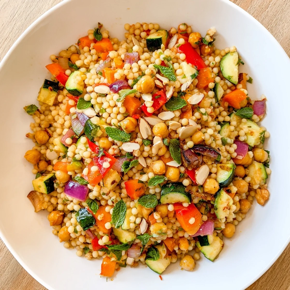 A close-up of a vibrant Moroccan couscous salad, ready to serve and enjoy.