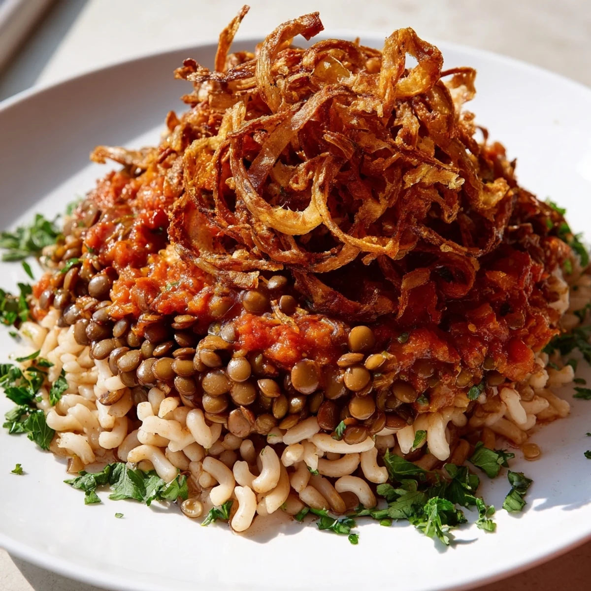 A steaming bowl of Egyptian Koshari layered with textures and vibrant tomato sauce.