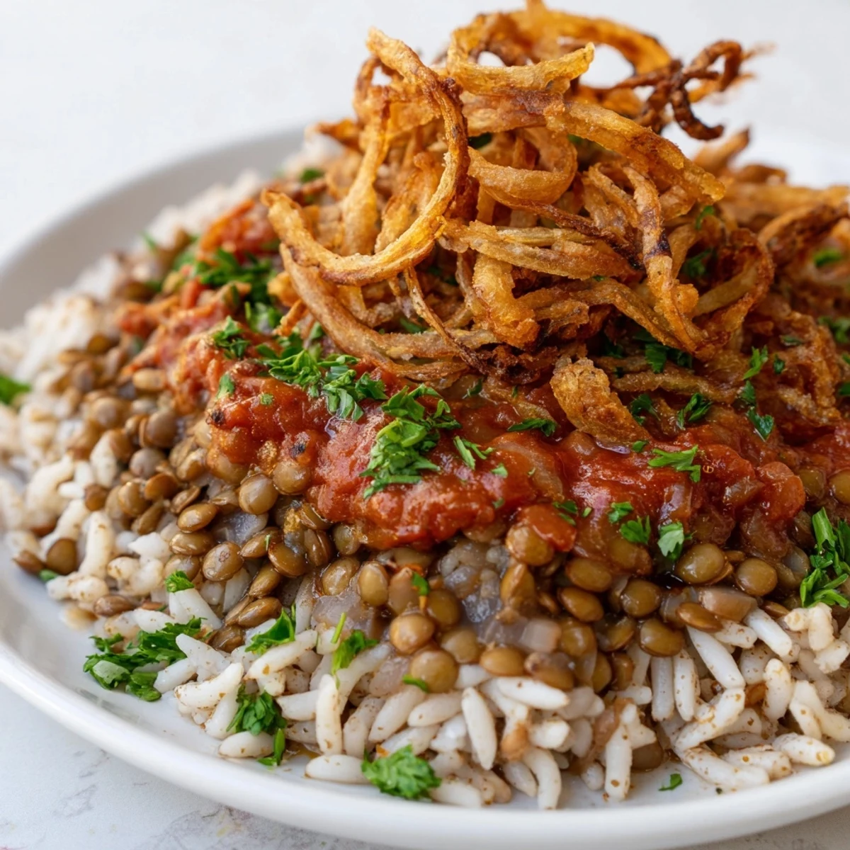 Close-up of a serving of Egyptian Koshari, showcasing the layers of grains and lentils