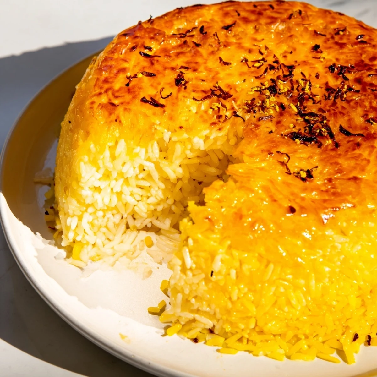 A showstopping Persian tahdig rice dish with a golden, crispy crust and fluffy grains.