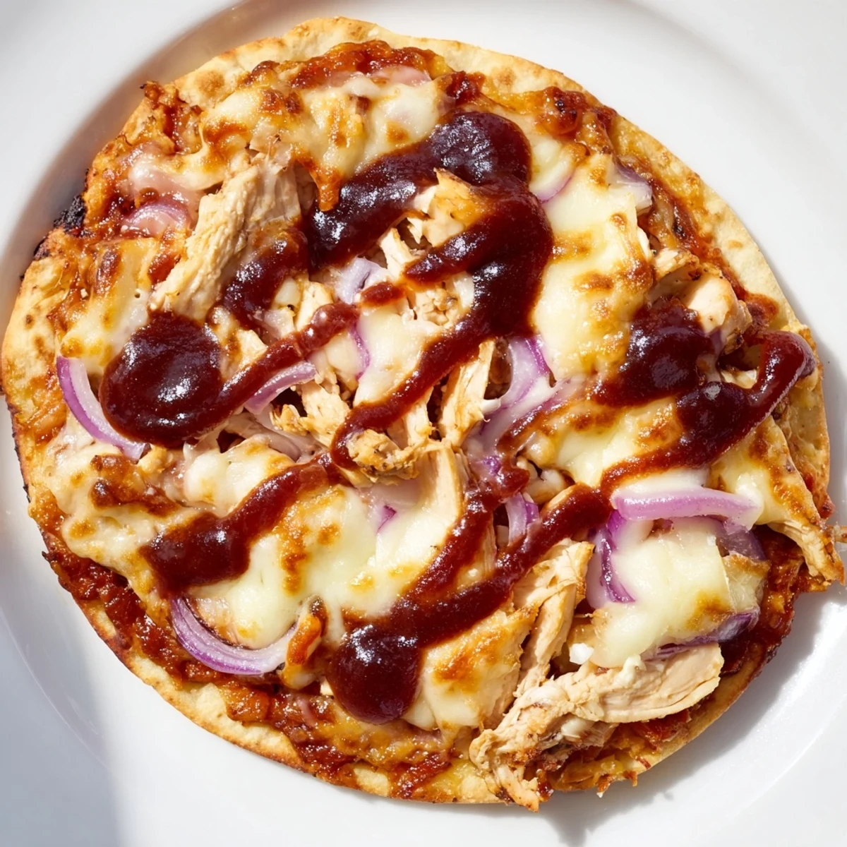 Crusty BBQ Chicken Flatbread loaded with melty mozzarella, grilled chicken, and sweet red onion slices.