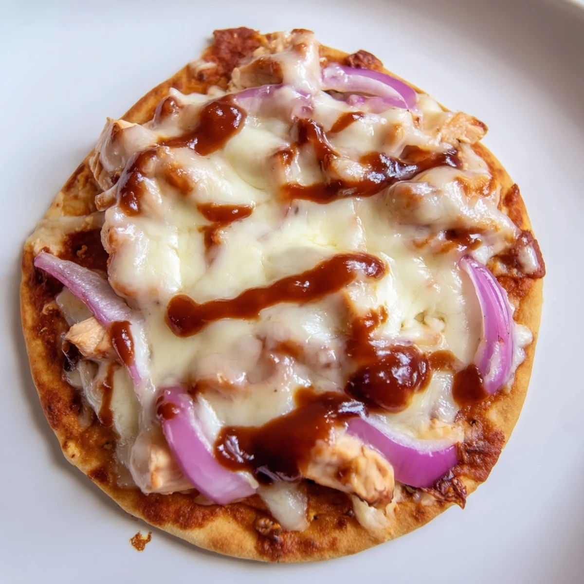 Golden BBQ Chicken Flatbread cut into wedges, featuring tangy sauce, tender chicken, and bubbly mozzarella.