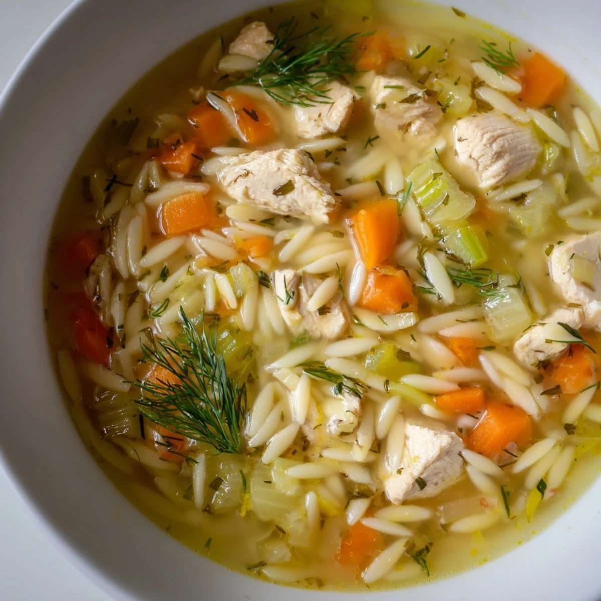 Ein dampfendes Topf mit Chicken Lemon Orzo Soup, gefüllt mit zartem Hühnchen, goldenen Orzo-Nudeln und frischen Kräutern, serviert im rustikalen Keramikschüssel.