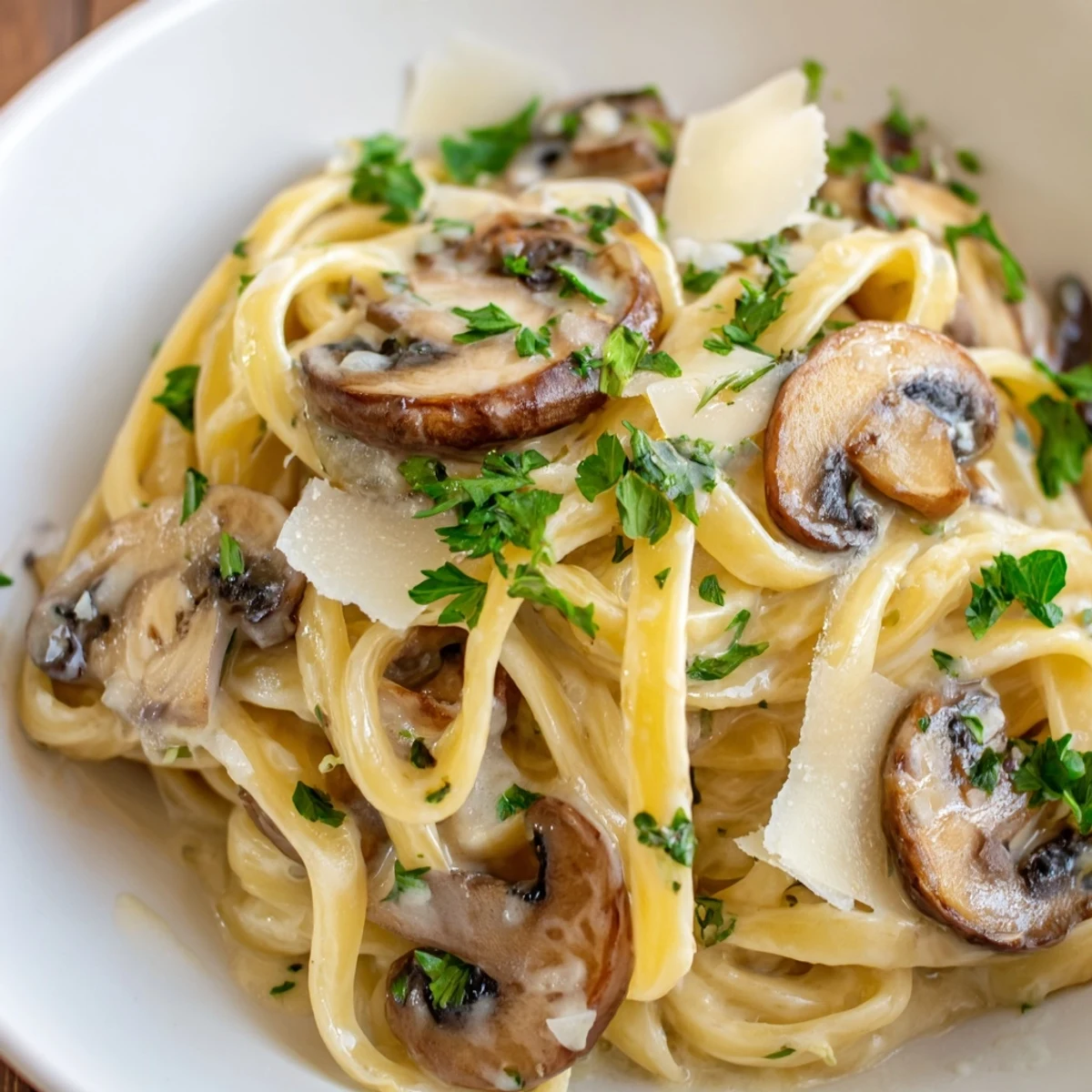 Close-up of Creamy Mushroom Alfredo pasta, golden mushrooms and Parmesan in a velvety sauce.
